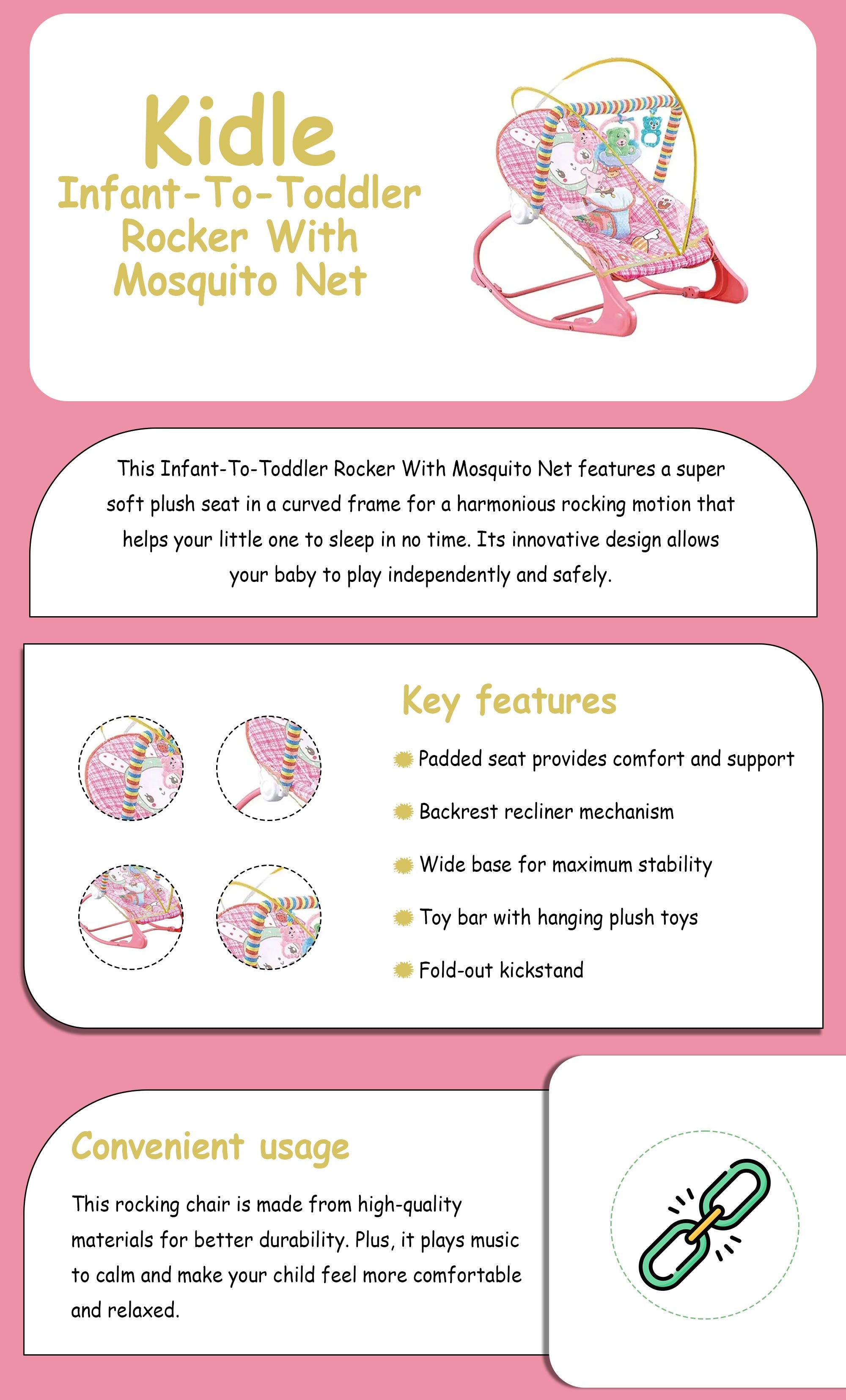 Trenze Portable Baby Rocking Chair with Safety Belt & Comfortable Infant Bouncer Seat TRENZE